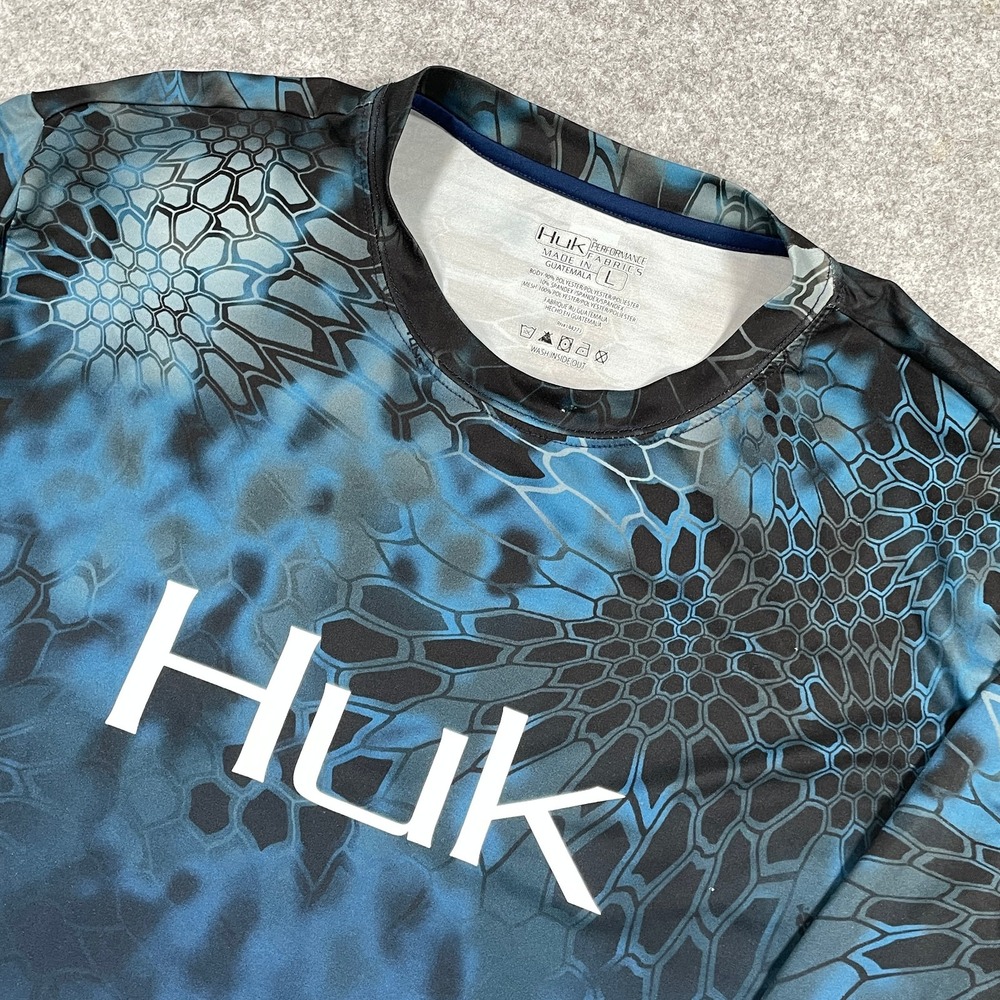 Huk Mens Fishing Shirt Large Blue Kryptek Camo Mesh Back Long Sleeve Performance